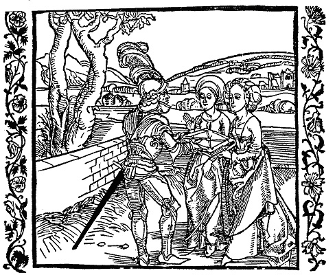 Gravure médiévale, conversation entre trois personnages.